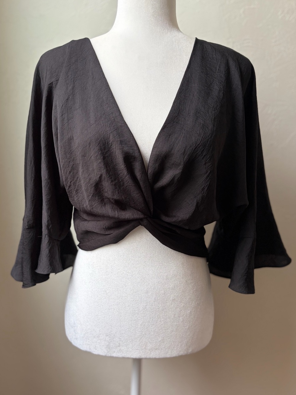 Zara Black Twist Front Bell Sleeve Crop Top Size Small